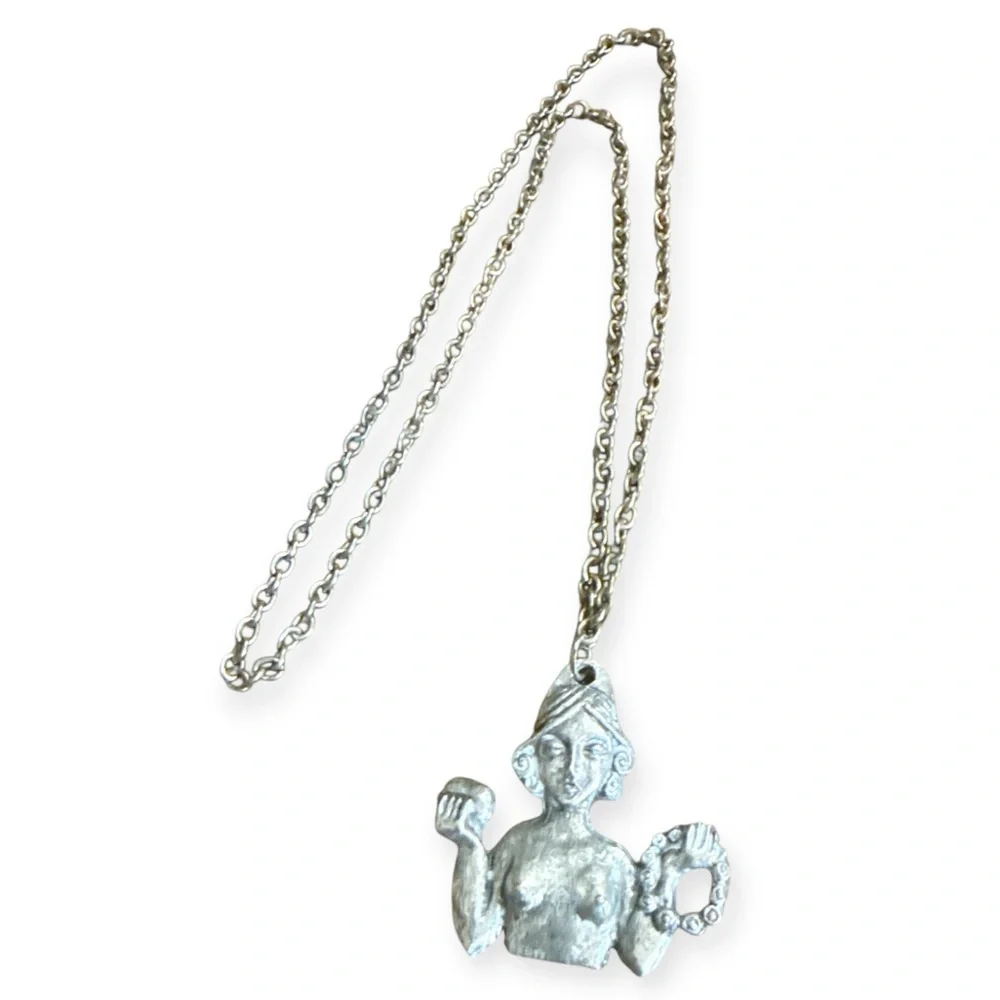 1970’s Boho‎ Estate Silver African Goddess Pendant Necklace, 14.75” Long